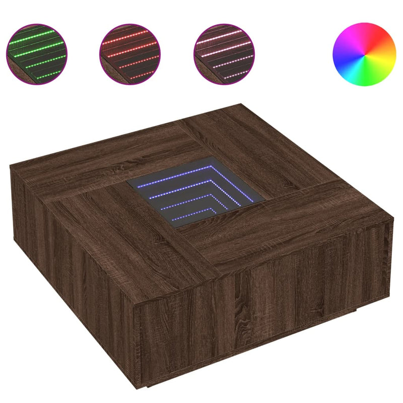 vidaXL tölgy színű végtelen hatású LED-es dohányzóasztal 100x100x40 cm