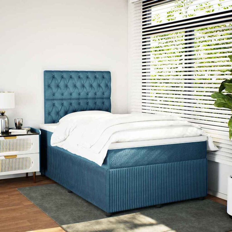 vidaXL sötétkék bársony rugós ágy matraccal 120 x 200 cm