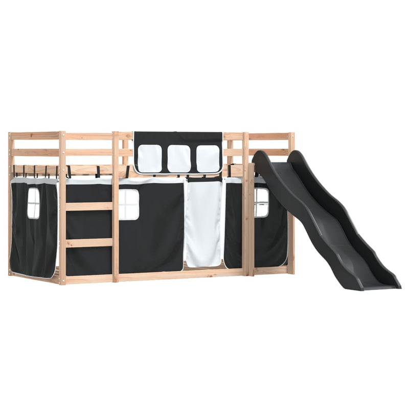 vidaXL fehér-fekete emeletes ágy csúszdával és függönnyel 90 x 200 cm