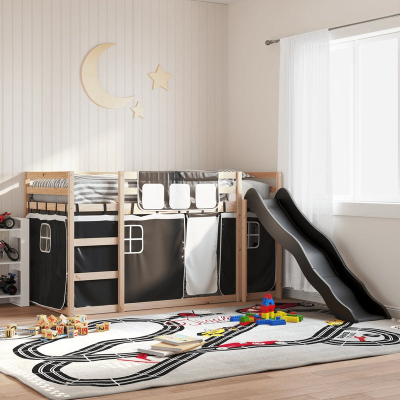 vidaXL fehér-fekete emeletes ágy csúszdával és függönnyel 90 x 200 cm