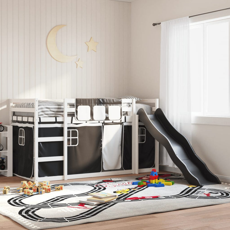 vidaXL fehér-fekete emeletes ágy csúszdával és függönnyel 90 x 200 cm