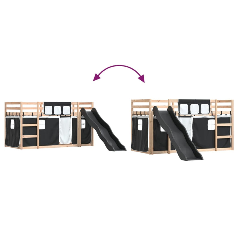 vidaXL fehér-fekete emeletes ágy csúszdával és függönnyel 90 x 190 cm