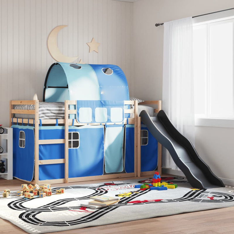 vidaXL kék emeletes ágy csúszdával és függönnyel 90 x 200 cm