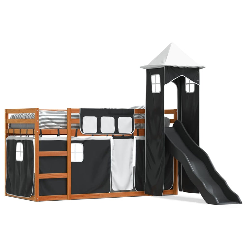 vidaXL fehér-fekete emeletes ágy csúszdával és függönnyel 90 x 200 cm