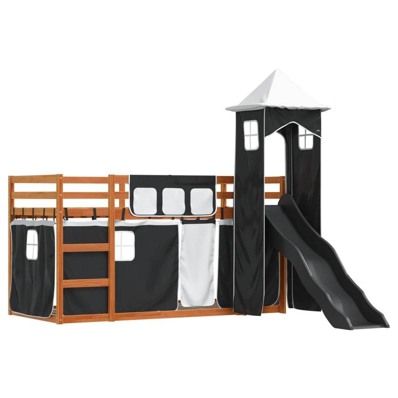vidaXL fehér-fekete emeletes ágy csúszdával és függönnyel 90 x 200 cm