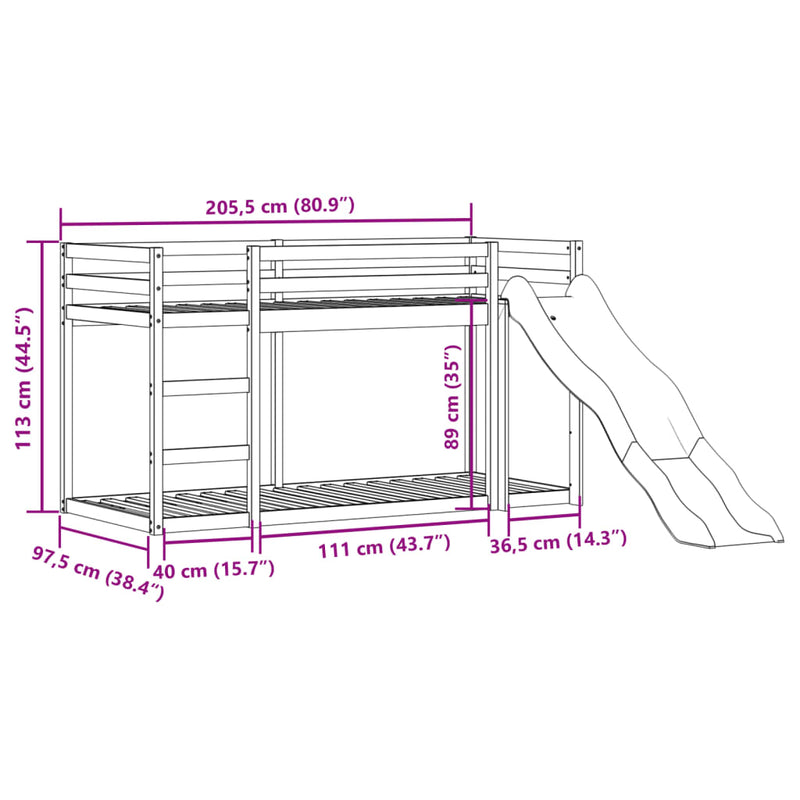vidaXL tömör fenyőfa emeletes ágy csúszdával és létrával 90 x 200 cm