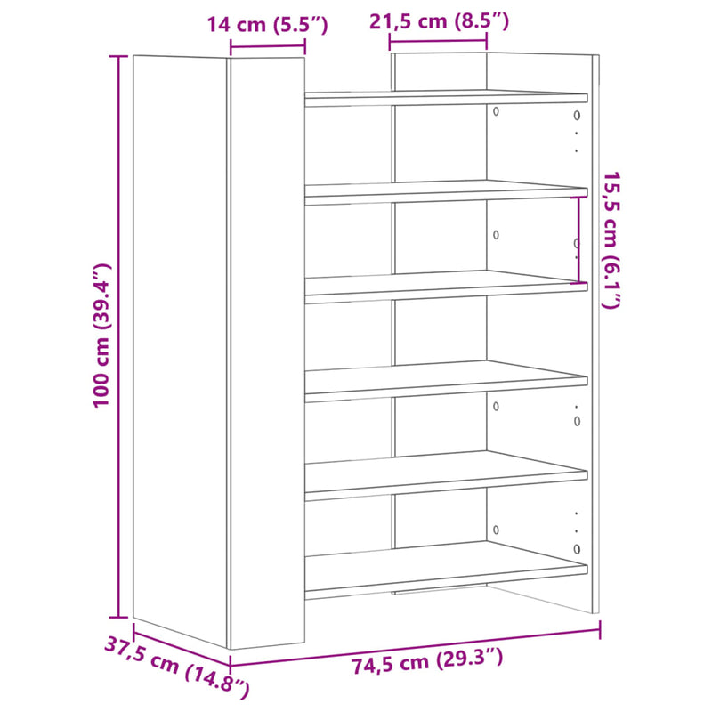 vidaXL fehér szerelt fa cipőszekrény 74,5 x 37,5 x 100 cm