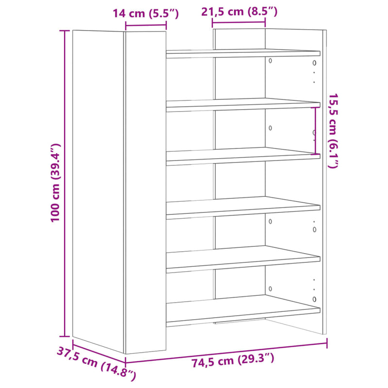 vidaXL sonoma tölgy színű szerelt fa cipőszekrény 74,5 x 37,5 x 100 cm