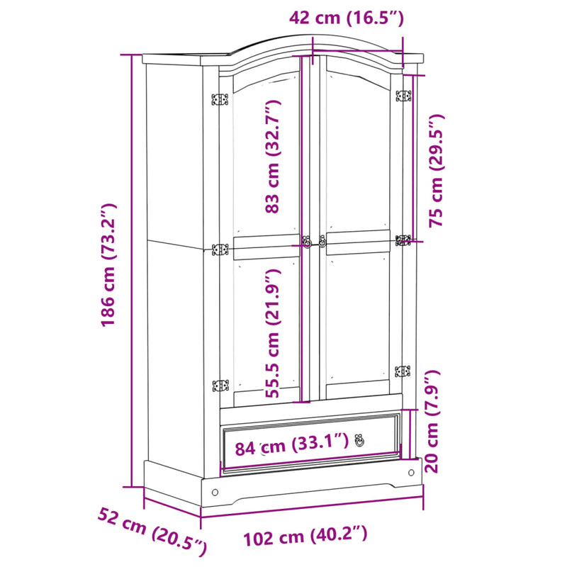 vidaXL fehér Corona tömör fenyőfa ruhásszekrény 102 x 52 x 186 cm