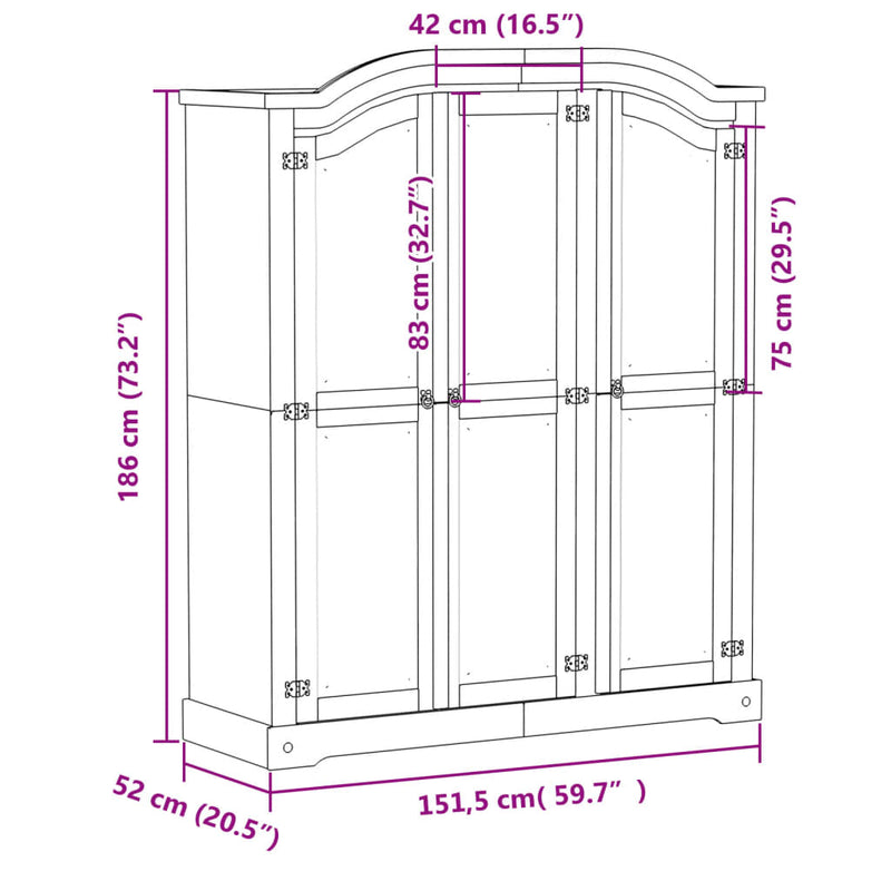 vidaXL Corona tömör fenyőfa ruhásszekrény 151,5 x 52 x 186 cm