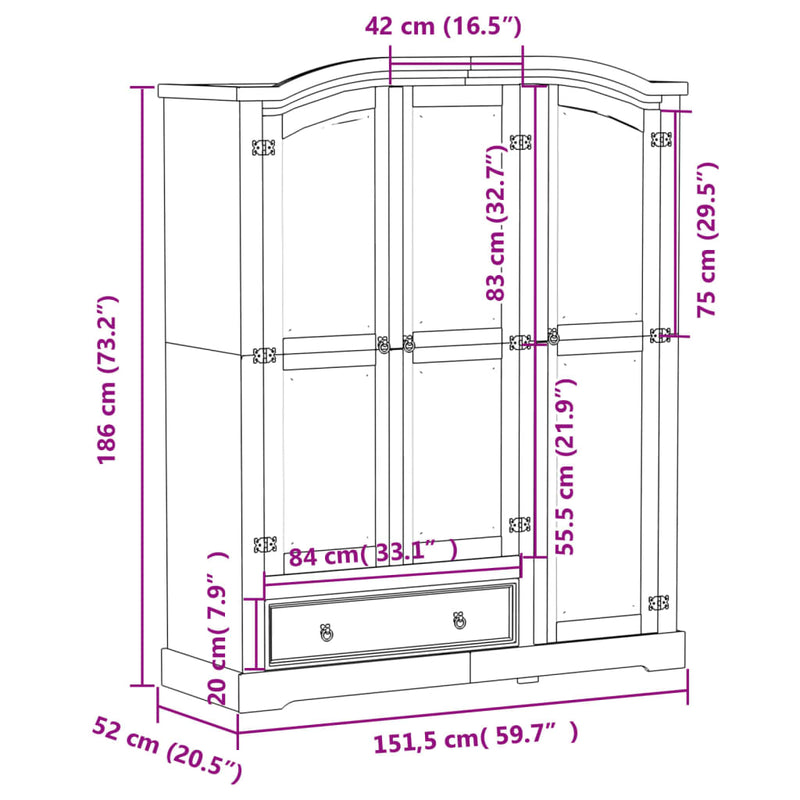 vidaXL Corona tömör fenyőfa ruhásszekrény 151,5 x 52 x 186 cm