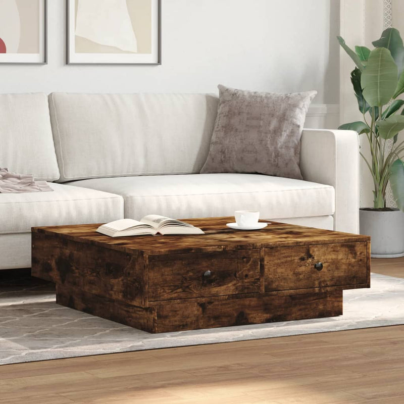 vidaXL füstös tölgy színű szerelt fa dohányzóasztal 90x90x28 cm