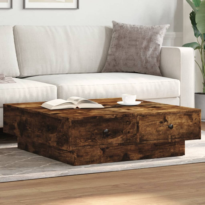 vidaXL füstös tölgy színű szerelt fa dohányzóasztal 90x90x28 cm