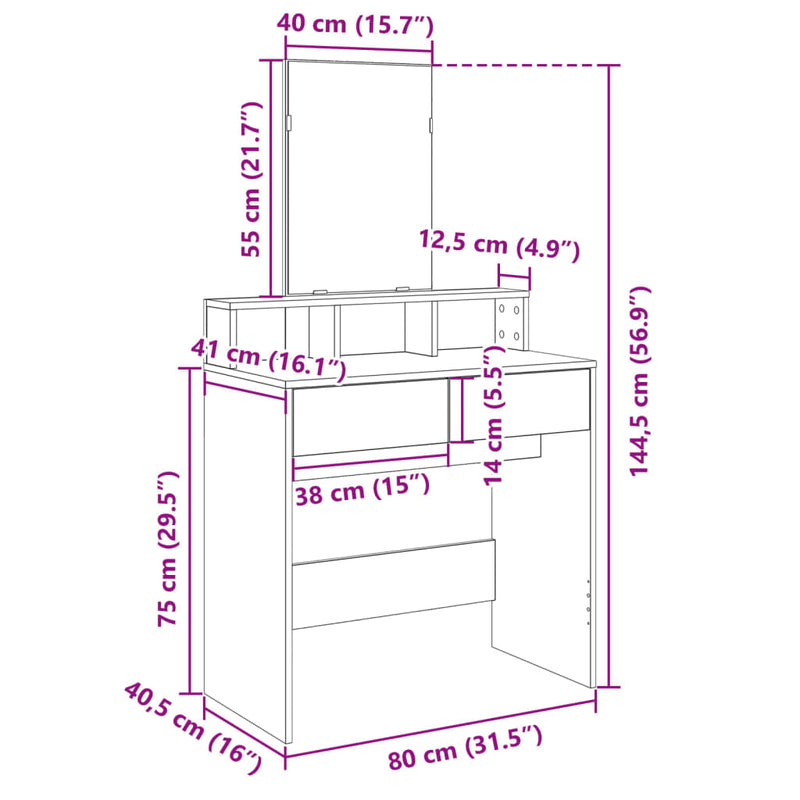 vidaXL szürke sonoma színű fésülködőasztal tükörrel 80 x 41 x 144,5 cm