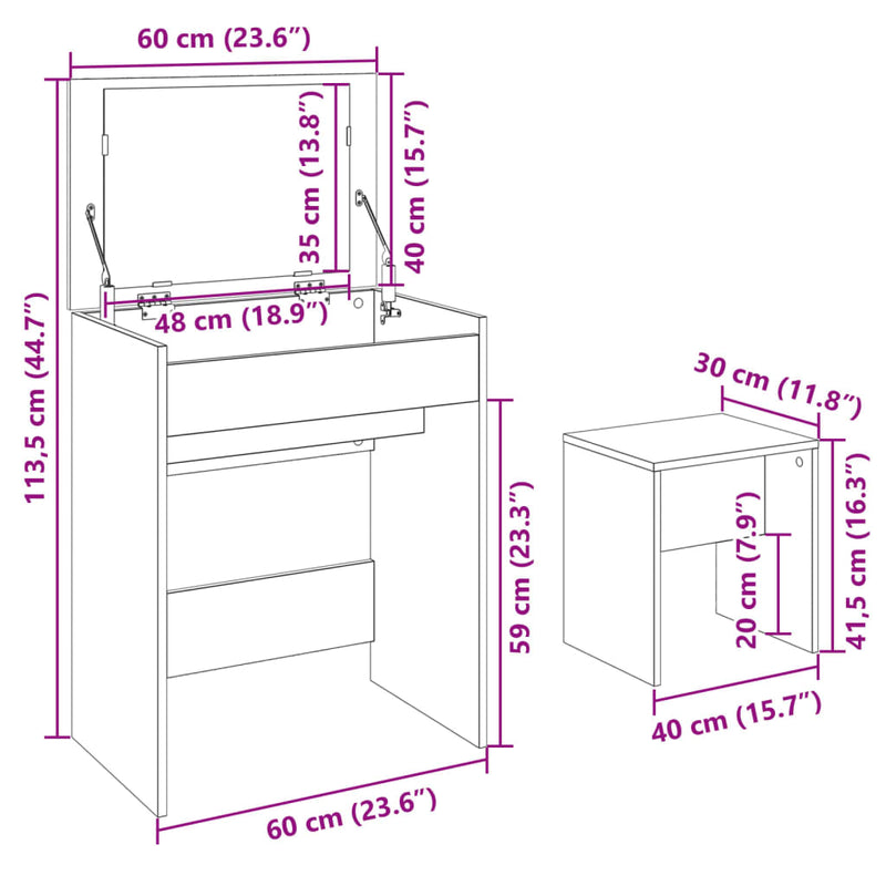 vidaXL betonszürke fésülködőasztal és ülőke 60 x 40 x 113,5 cm