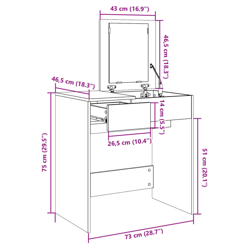 vidaXL sonoma tölgy színű fésülködőasztal tükörrel 73 x 46,5 x 120 cm