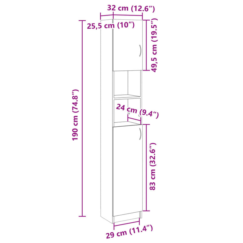 vidaXL sonoma tölgy színű szerelt fa fürdőszobaszekrény 32x25,5x190 cm