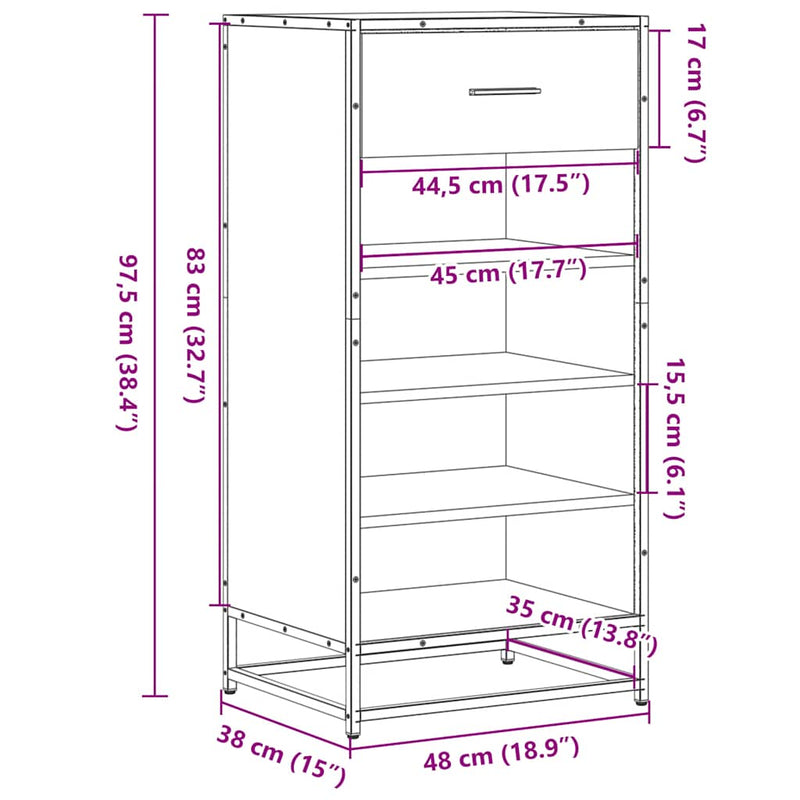 vidaXL füstös tölgy színű szerelt fa cipőtartó 48x38x97,5 cm