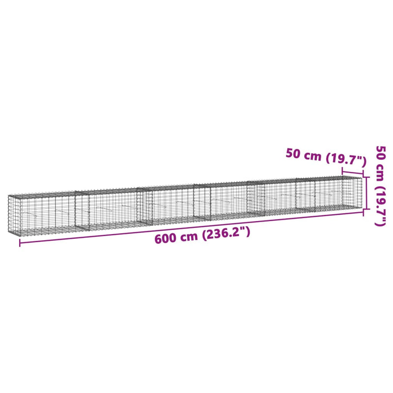 vidaXL horganyzott vas gabion kosár fedéllel 600 x 50 x 50 cm