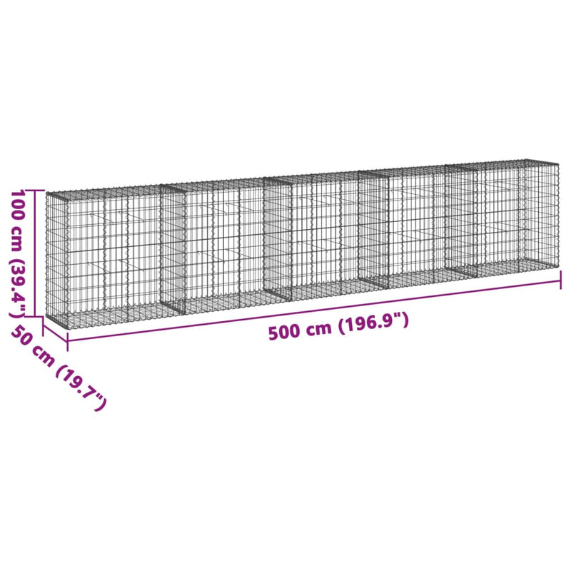 vidaXL horganyzott vas gabion kosár fedéllel 500 x 50 x 100 cm