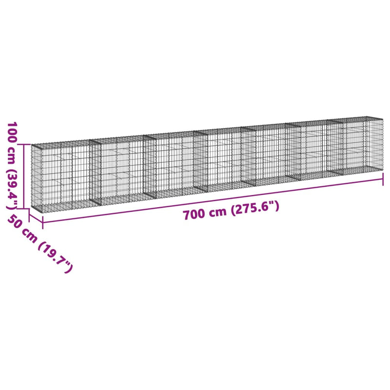 vidaXL horganyzott vas gabion kosár fedéllel 700 x 50 x 100 cm