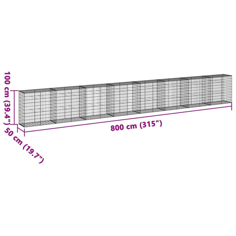 vidaXL horganyzott vas gabion kosár fedéllel 800 x 50 x 100 cm