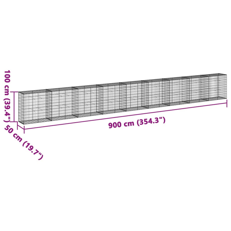 vidaXL horganyzott vas gabion kosár fedéllel 900 x 50 x 100 cm