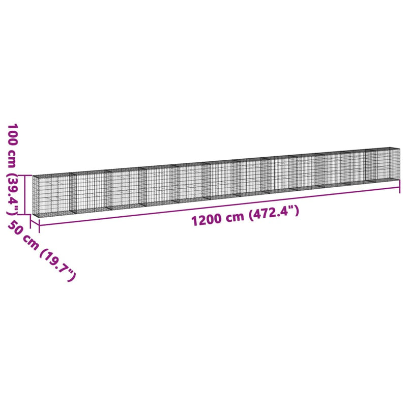 vidaXL horganyzott vas gabion kosár fedéllel 1200 x 50 x 100 cm