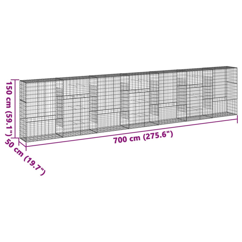 vidaXL horganyzott vas gabion kosár fedéllel 700 x 50 x 150 cm