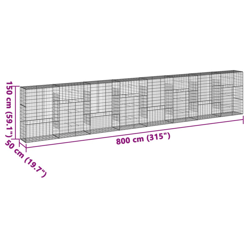 vidaXL horganyzott vas gabion kosár fedéllel 800 x 50 x 150 cm