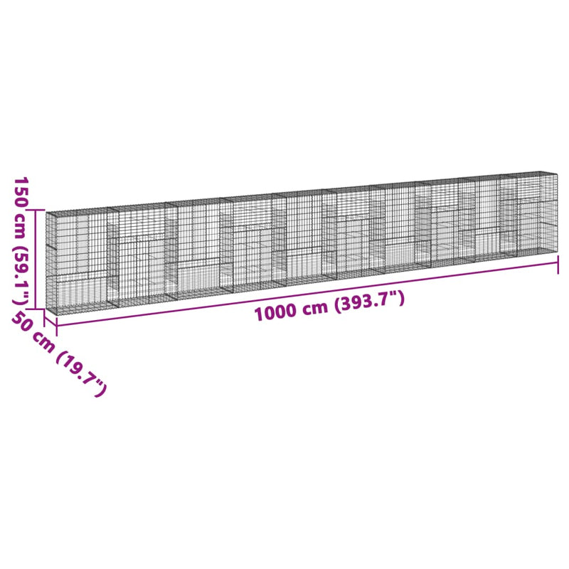 vidaXL horganyzott vas gabion kosár fedéllel 1000 x 50 x 150 cm