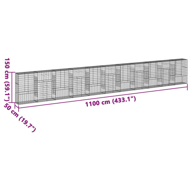 vidaXL horganyzott vas gabion kosár fedéllel 1100 x 50 x 150 cm