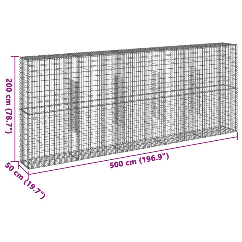 vidaXL horganyzott vas gabion kosár fedéllel 500 x 50 x 200 cm