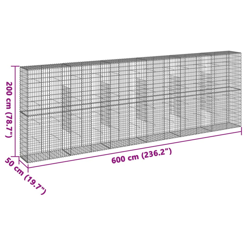 vidaXL horganyzott vas gabion kosár fedéllel 600 x 50 x 200 cm