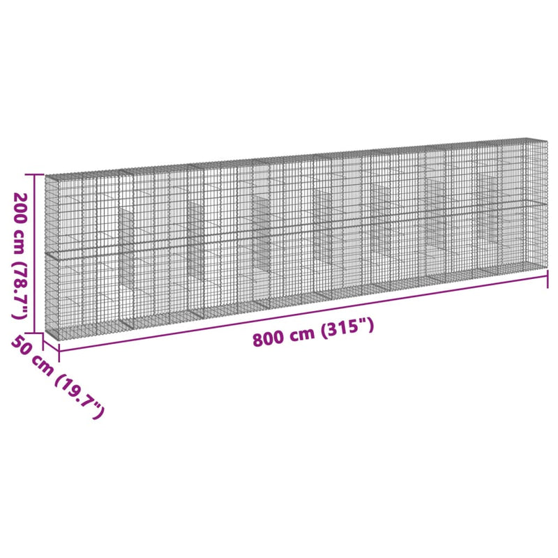 vidaXL horganyzott vas gabion kosár fedéllel 800 x 50 x 200 cm