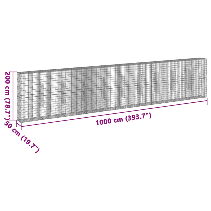 vidaXL horganyzott vas gabion kosár fedéllel 1000 x 50 x 200 cm