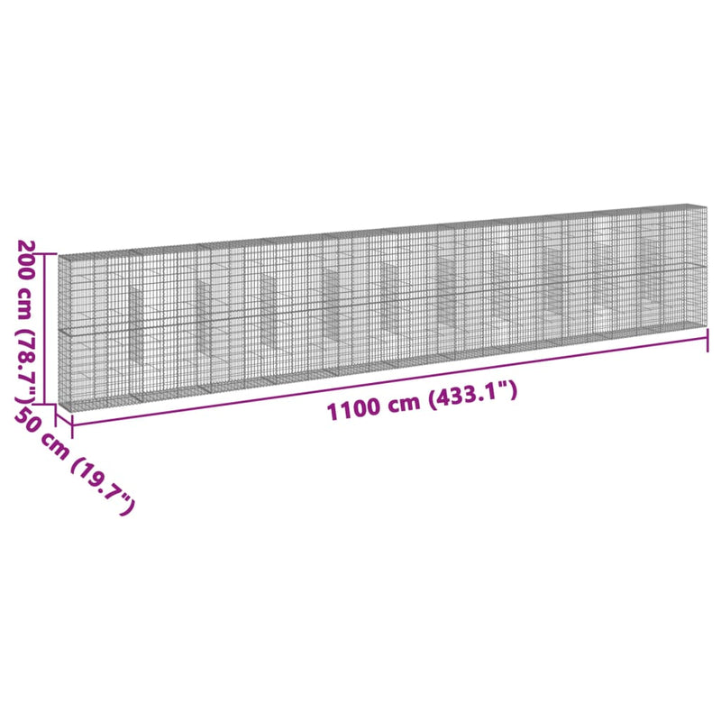 vidaXL horganyzott vas gabion kosár fedéllel 1100 x 50 x 200 cm