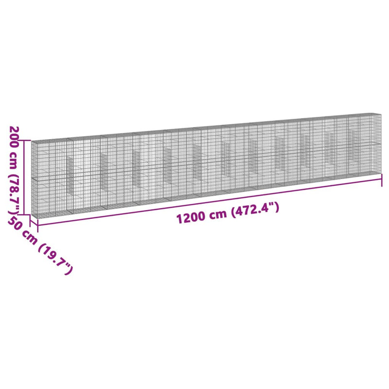 vidaXL horganyzott vas gabion kosár fedéllel 1200 x 50 x 200 cm