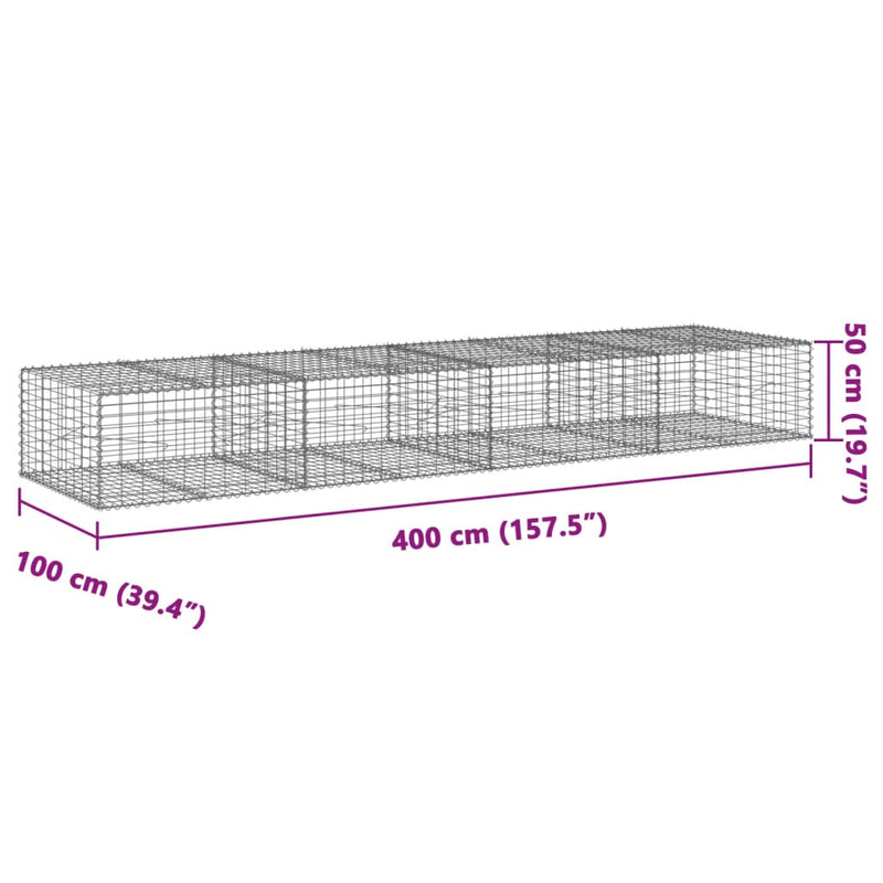 vidaXL horganyzott vas gabion kosár fedéllel 400 x 100 x 50 cm