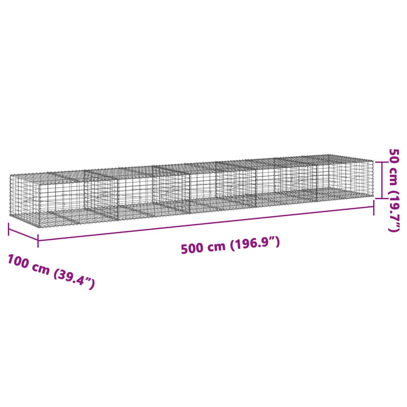 vidaXL horganyzott vas gabion kosár fedéllel 500 x 100 x 50 cm