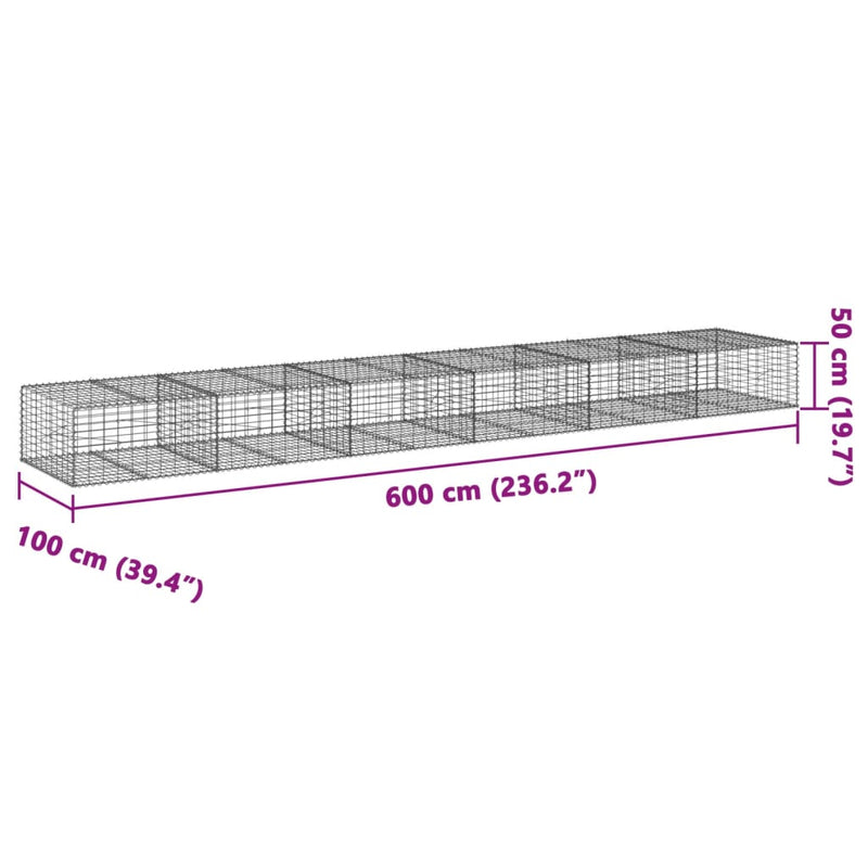 vidaXL horganyzott vas gabion kosár fedéllel 600 x 100 x 50 cm