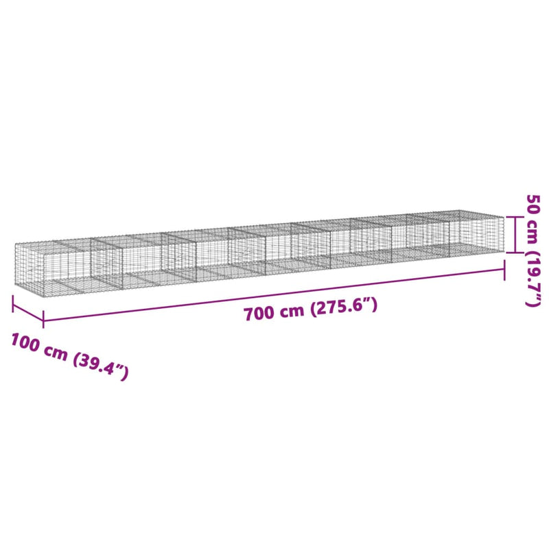 vidaXL horganyzott vas gabion kosár fedéllel 700 x 100 x 50 cm