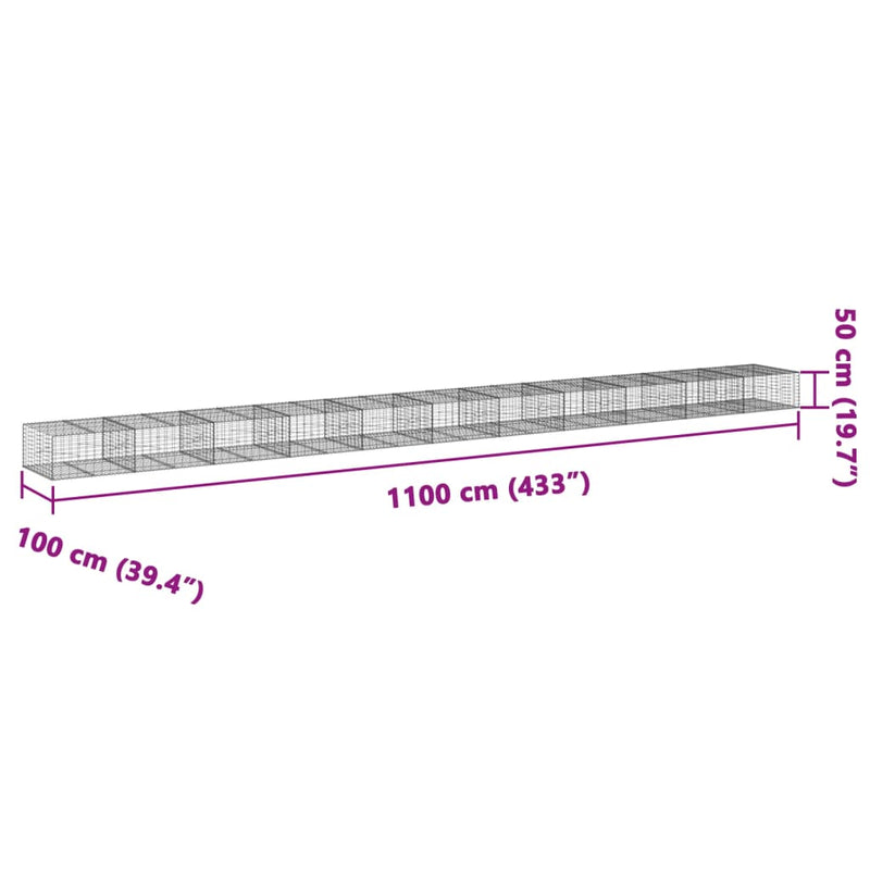 vidaXL horganyzott vas gabion kosár fedéllel 1100 x 100 x 50 cm
