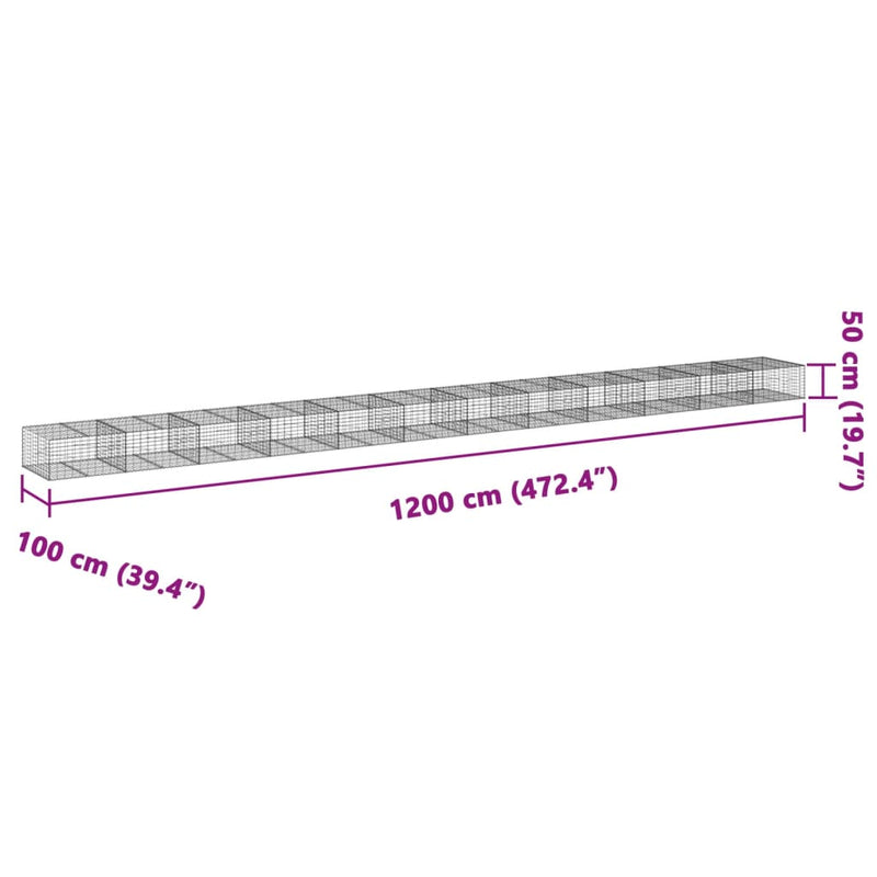 vidaXL horganyzott vas gabion kosár fedéllel 1200 x 100 x 50 cm