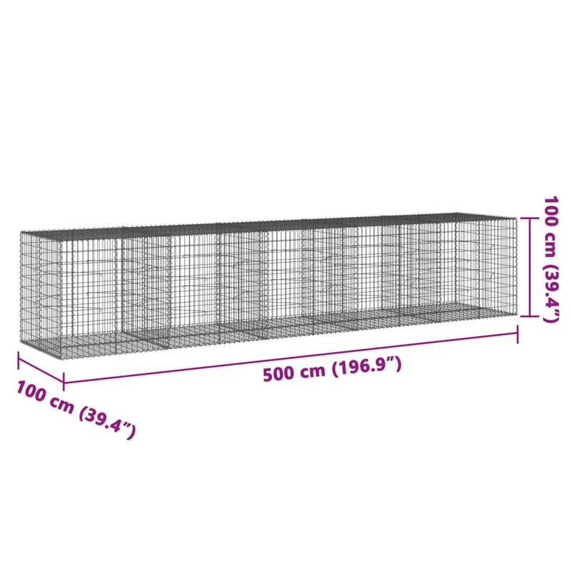 vidaXL horganyzott vas gabion kosár fedéllel 500 x 100 x 100 cm