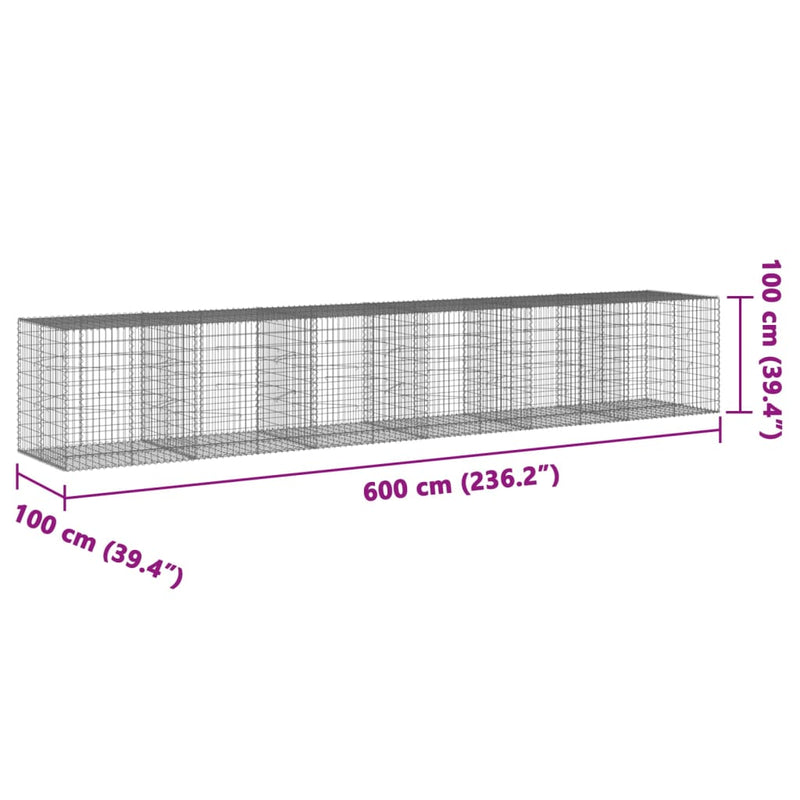 vidaXL horganyzott vas gabion kosár fedéllel 600 x 100 x 100 cm