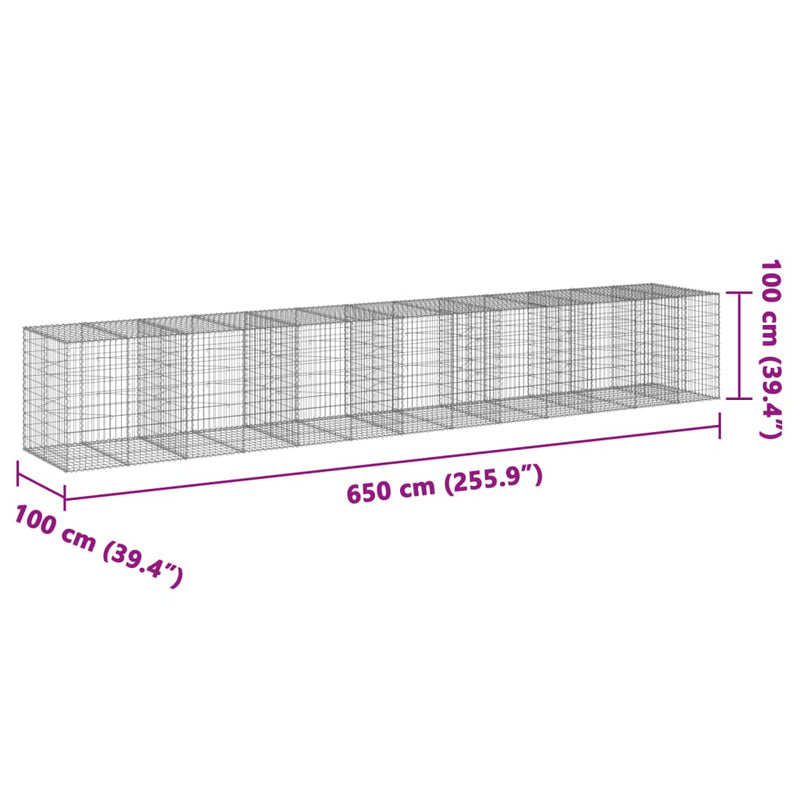 vidaXL horganyzott vas gabion kosár fedéllel 650 x 100 x 100 cm