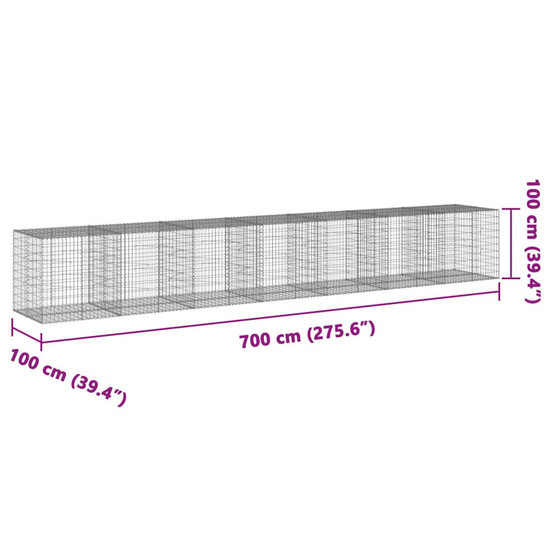 vidaXL horganyzott vas gabion kosár fedéllel 700 x 100 x 100 cm