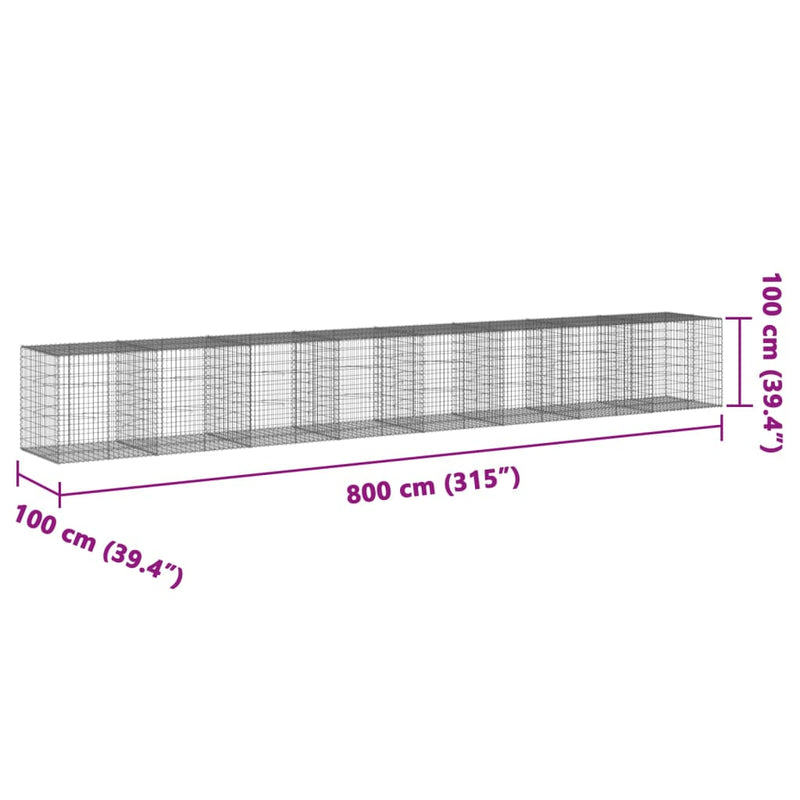 vidaXL horganyzott vas gabion kosár fedéllel 800 x 100 x 100 cm