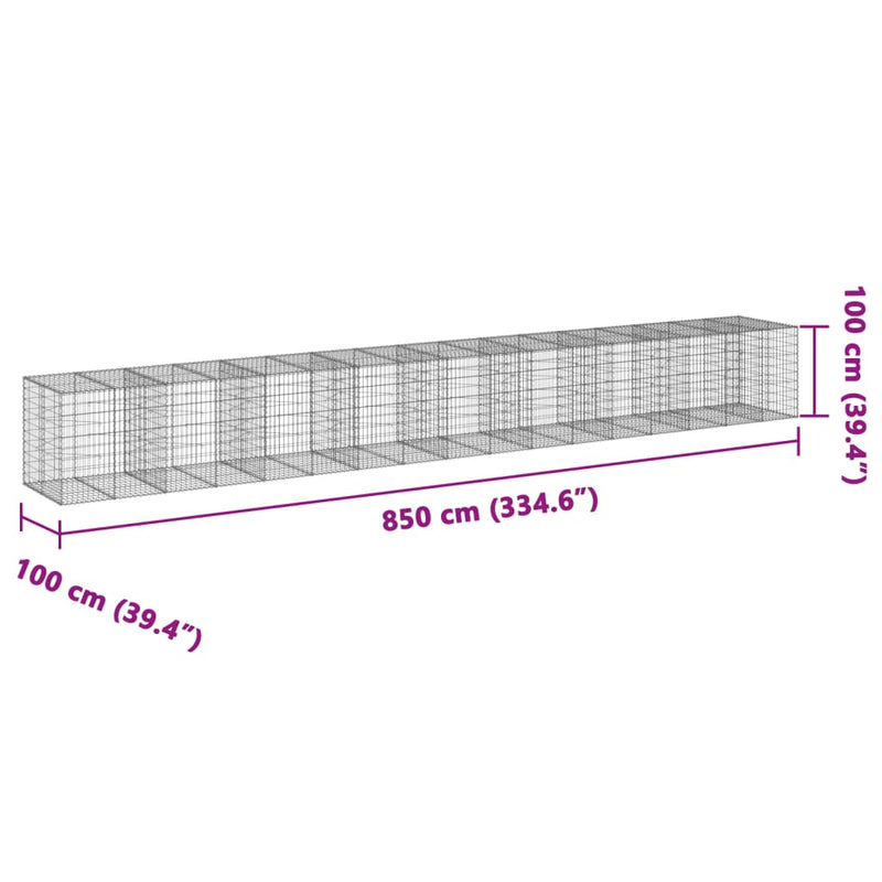 vidaXL horganyzott vas gabion kosár fedéllel 850 x 100 x 100 cm